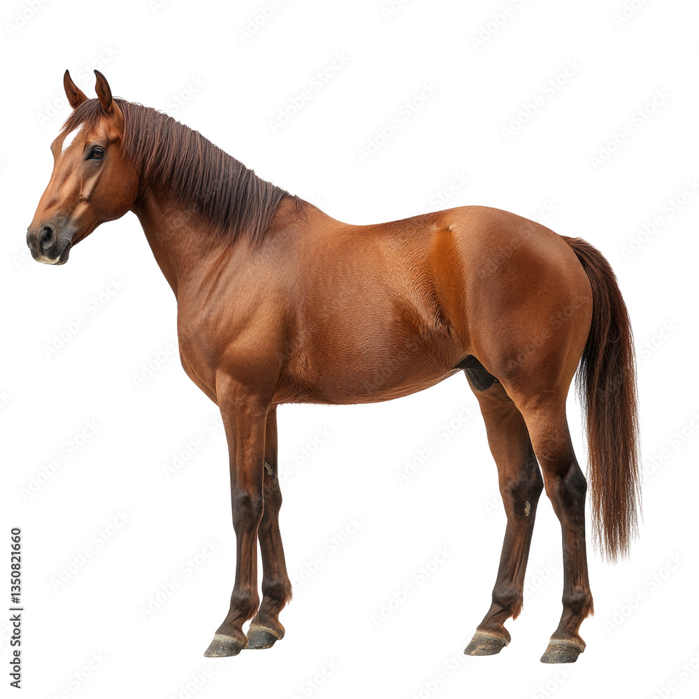 A brown horse stands alone on a white background A brown horse stands alone on a white background