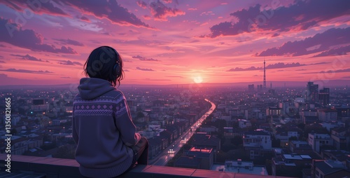 Girl watching sunset over city, Silhouette of girl enjoying sunset cityscape view
