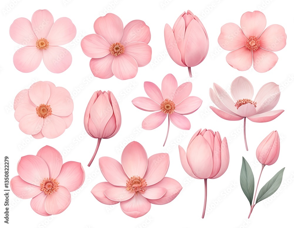 Fototapeta premium Pink Flower Collection Blossoms, Buds, and Leaves