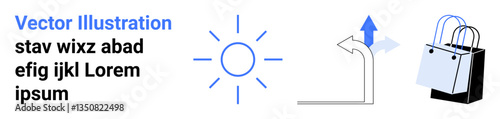 Sun radiating light, arrow pointing upward with a turn, black and white shopping bag. Ideal for e-commerce, outdoor activities, weather updates, navigation, minimalism, travel flat landing page