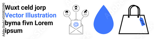 Email envelope with links to user profiles, blue water drop, black shopping bag with tag. Ideal for email marketing, communication, e-commerce, environment, branding, business flat landing page