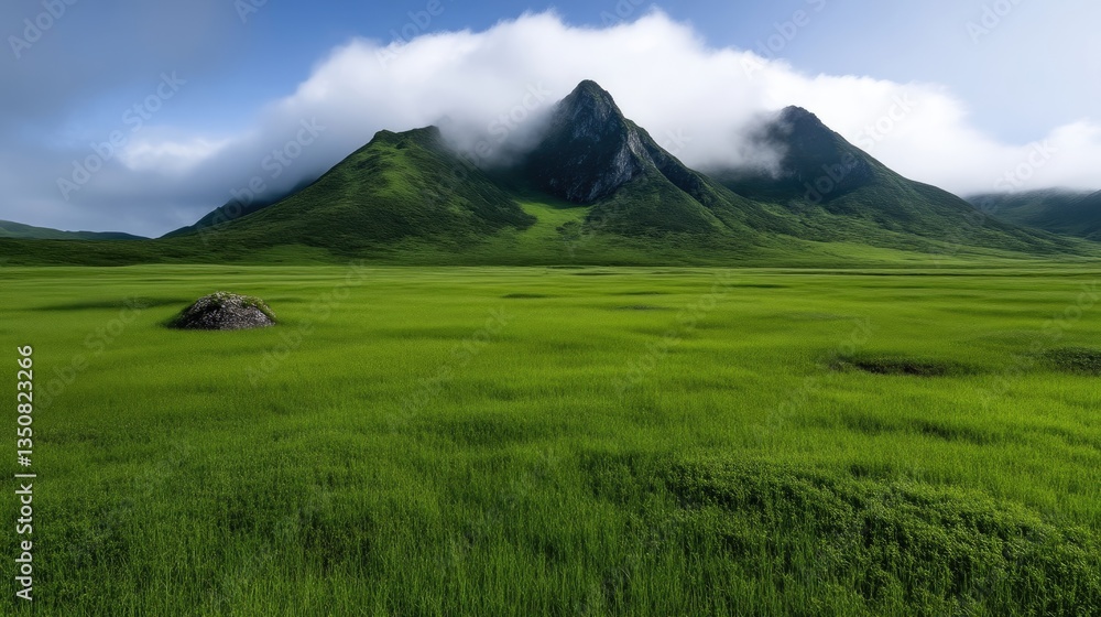 Lush green meadow stretches to majestic mountains shrouded in mist Lush green meadow stretches to majestic mountains shrouded in mist