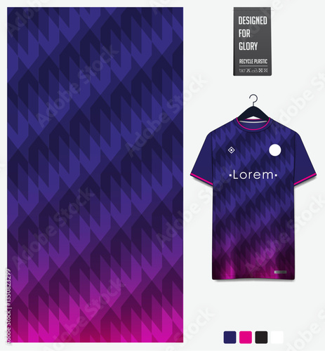 Geometric pattern with gradient background for fabric textile design. Sport shirt mockup template for football, soccer, basketball, cycling, running, rugby, baseball, racing, or sportswear.