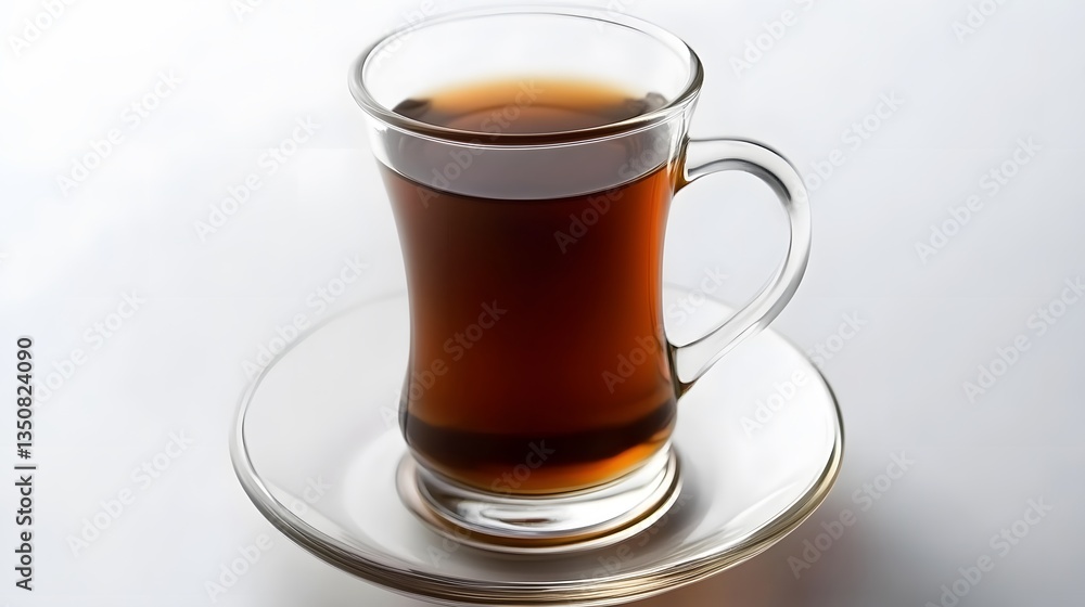 Dark Tea in Clear Glass Cup on Saucer, Studio Shot Dark Tea in Clear Glass Cup on Saucer, Studio Shot