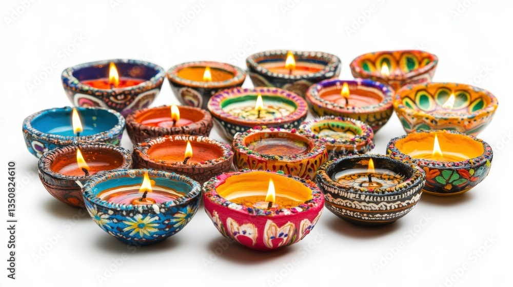 Festive Diwali Diyas and Lanterns on White Background Festive Diwali Diyas and Lanterns on White Background