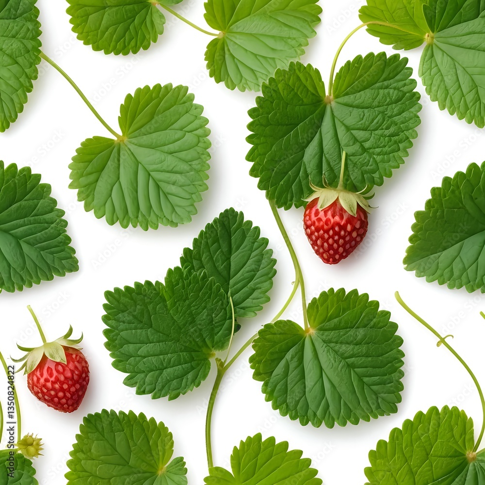 Wild Strawberries with Green Leaves on White Background Wild Strawberries with Green Leaves on White Background