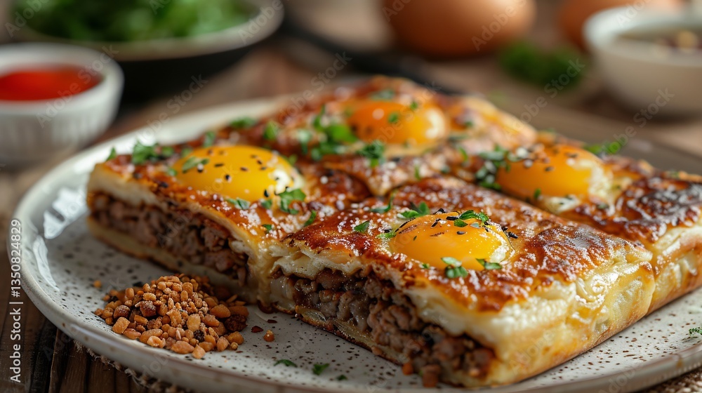 Indonesian martabak savory pancake stuffed eggs and meat cut into squares and arranged on white plate Indonesian martabak savory pancake stuffed eggs and meat cut into squares and arranged on white plate