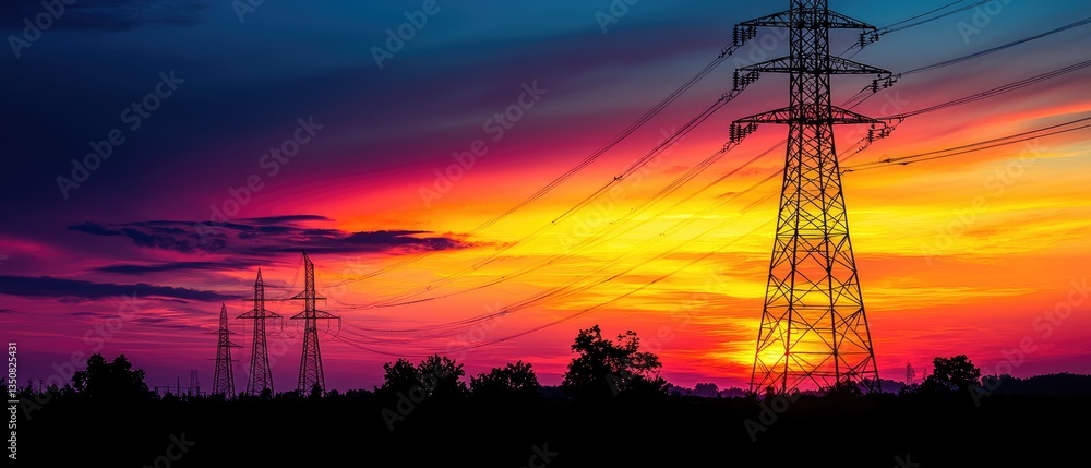 Fototapeta premium A vibrant sunset with power lines silhouetted against a colorful sky.