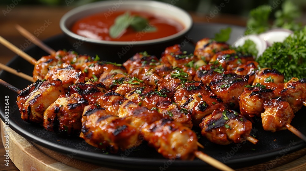 Indonesian satay chicken skewers peanut sauce neatly arranged on white plate zoomed out food shot Indonesian satay chicken skewers peanut sauce neatly arranged on white plate zoomed out food shot