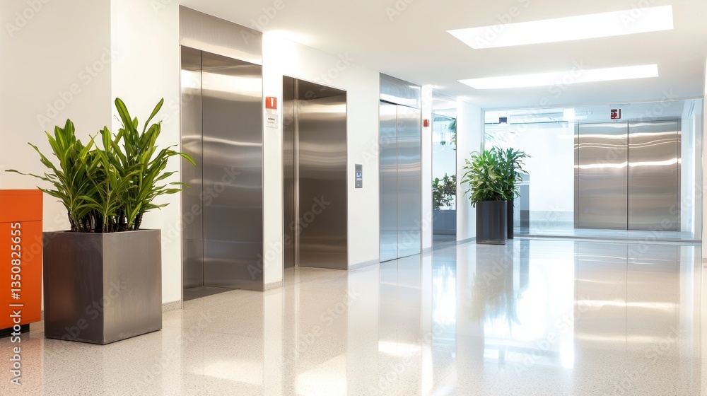 Modern office lobby with minimalist design featuring brushed steel elevators, polished floors, and green plants in stylish planters. Modern office lobby with minimalist design featuring brushed steel elevators, polished floors, and green plants in stylish planters.
