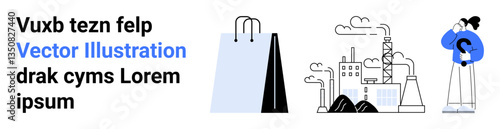 Shopping bag, smoke-emitting factory, and pondering individual highlight consumerism, production, and environmental awareness. Ideal for sustainability, industry, commerce, pollution