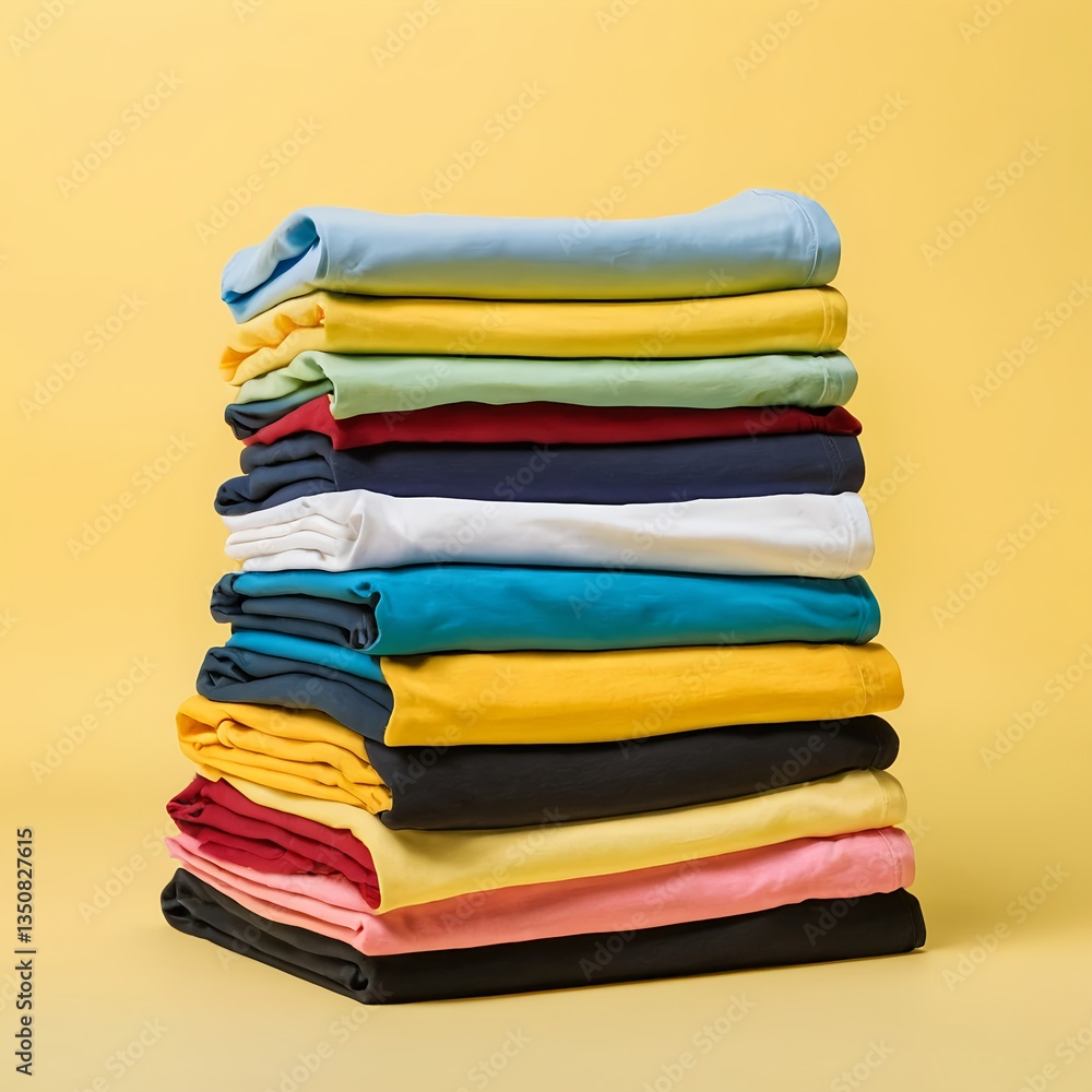 Stack of Colorful Folded T-Shirts on Yellow Background Stack of Colorful Folded T-Shirts on Yellow Background