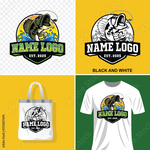Bass fishing logo. Bass fish with rod club emblem. Unique and fresh colored print design bass fish jumping out of the water.Fishing theme illustration