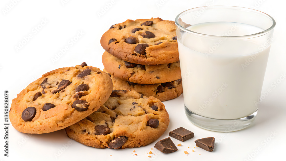 Warm chocolate chip cookies with a glass of fresh milk, isolated on a white background for a clean, inviting look.
Warm chocolate chip cookies with a glass of fresh milk, isolated on a white background for a clean, inviting look.