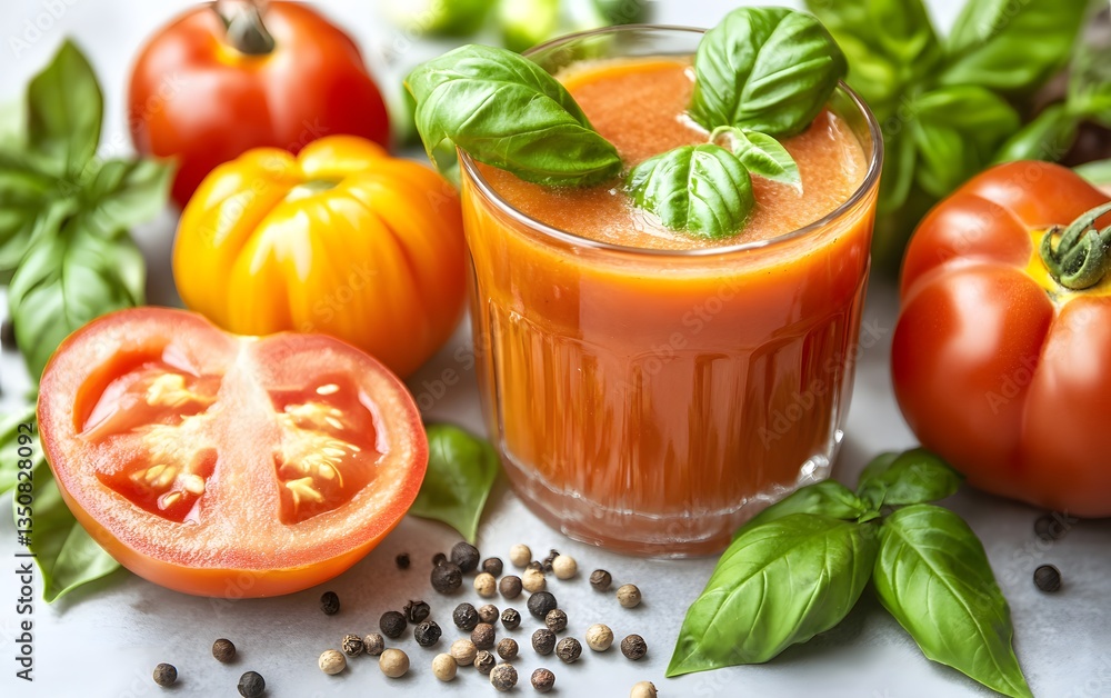 Fresh Tomato Juice with Basil Garnish, Healthy Drink Recipe Fresh Tomato Juice with Basil Garnish, Healthy Drink Recipe