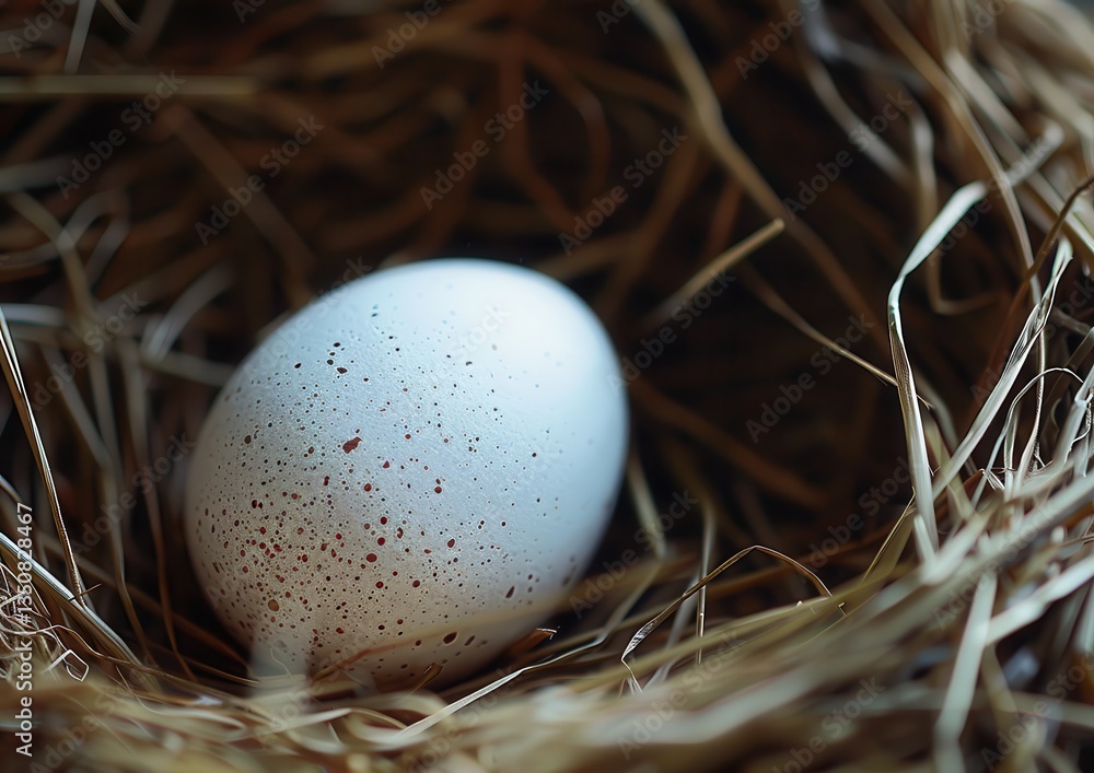 Obraz premium Close-up of a speckled egg nestled in a bed of straw.