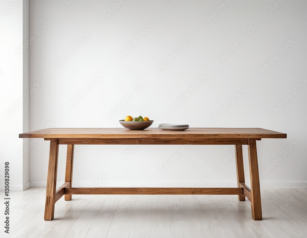 Fototapeta premium Modern Teak Wood Dining Table in Minimalist Interior