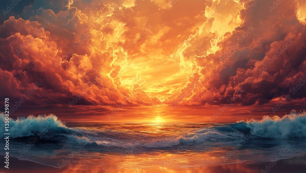Fototapeta premium Fiery Sunset Over Ocean with Dramatic Clouds