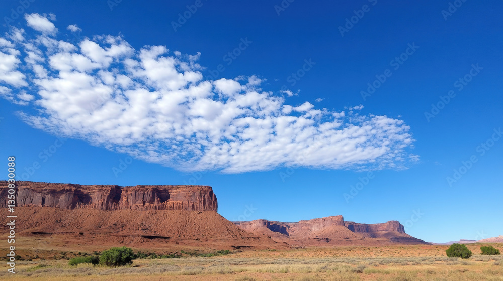 serene landscape featuring delicate gray blue stratus clouds over silent desert, showcasing majestic red rock formations under clear blue sky