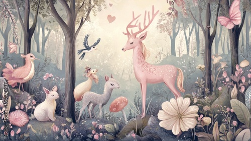 Enchanted Forest Scene with Whimsical Animals and Floral Elements