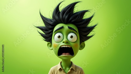 Scared Cartoon Character, 3D Render of a shocked green cartoon boy.