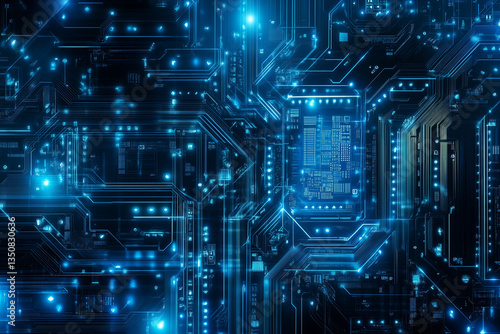 Wallpaper Mural Futuristic digital circuit board with glowing blue connections Torontodigital.ca