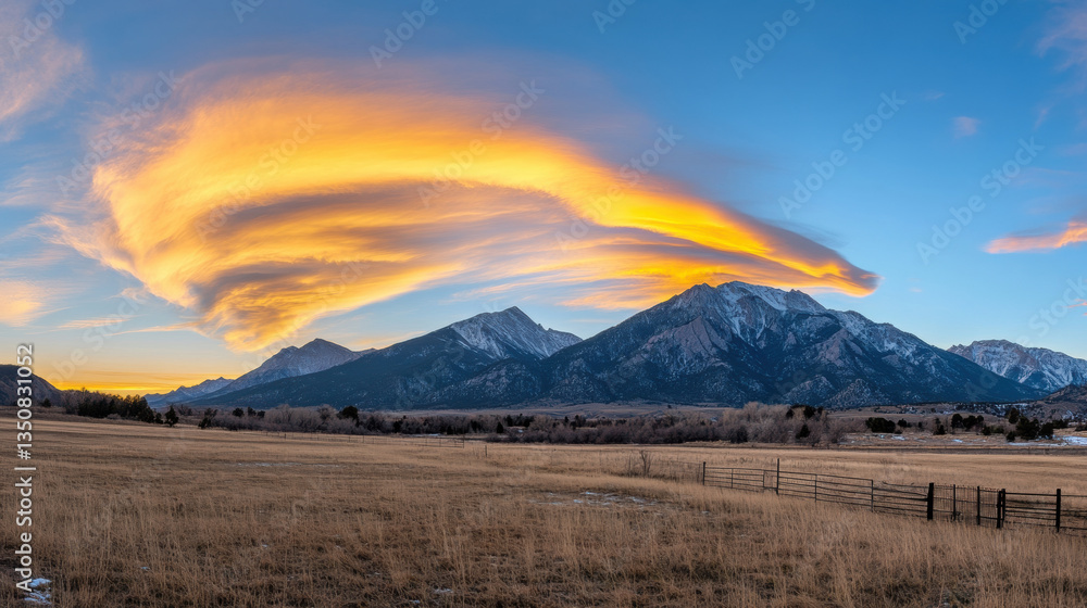 Obraz premium Majestic mountains under vibrant sunset sky, featuring swirling clouds illuminated by golden hues, creating breathtaking landscape