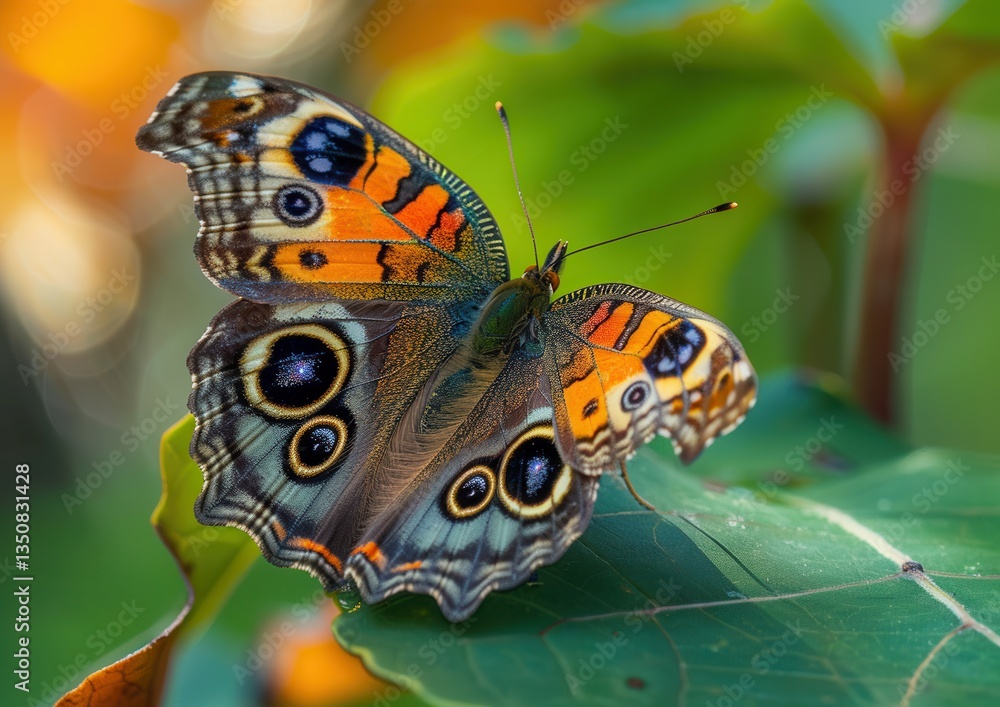Obraz premium Vibrant butterfly on a green leaf in natural light.