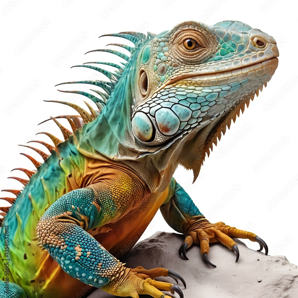 Fototapeta premium Vibrant Green and Orange Iguana on Rock