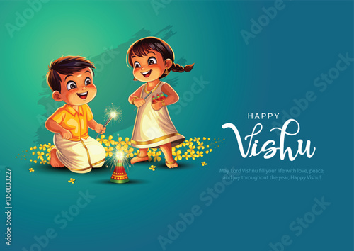 Kerala festival Happy Vishu greetings. kids playing and enjoying fireworks. abstract vector illustration design