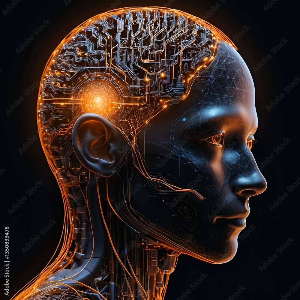 Obraz premium Artificial Intelligence, Cyborg Head, Futuristic Technology