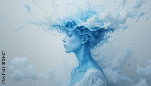 Serene Blue Ink Woman, Abstract art of a woman with flowing blue ink hair.