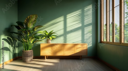 Sunlight streams through blinds into a green room interior