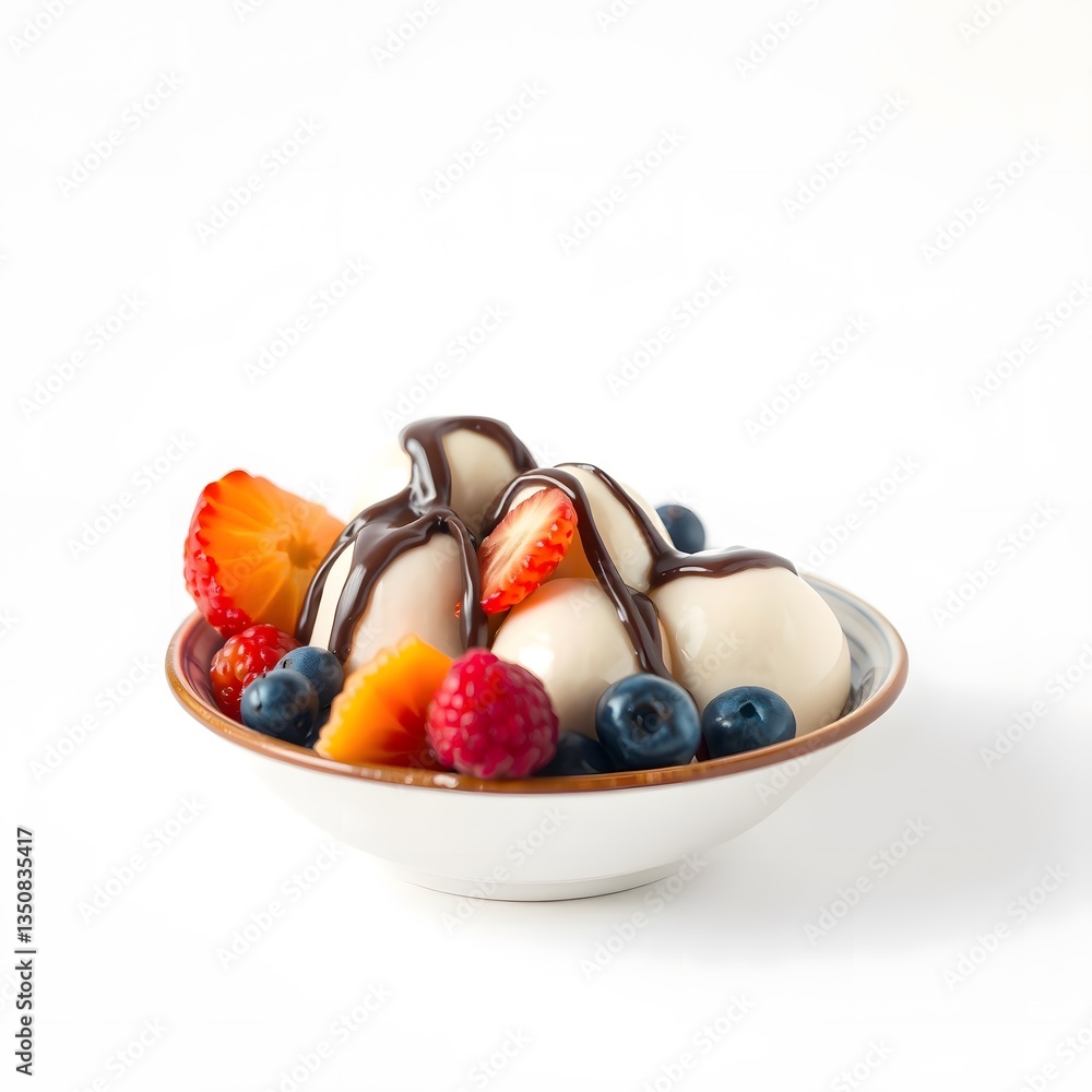 Creamy Vanilla Ice Cream with Chocolate Sauce and Fresh Fruits Creamy Vanilla Ice Cream with Chocolate Sauce and Fresh Fruits