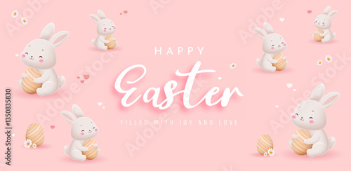 Happy Easter Day Design with Cute Bunny Vector Illustration. Egg Hunt Party Concept. Suitable for Poster Banner Flyer and Brochure Template	