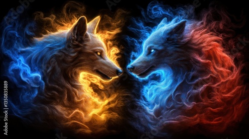 Fiery and Icy Wolves: A Digital Painting of Opposing Forces