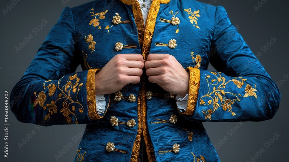 Fototapeta premium Elegant Blue Jacket with Intricate Gold Embroidery in a Fashionable Portrait Setting