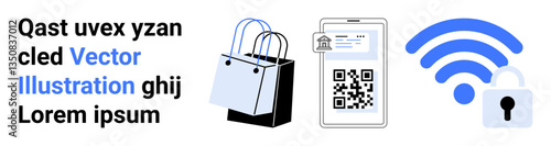 Shopping bags, a smartphone displaying a QR code, a wireless symbol, and a security padlock. Ideal for e-commerce, online shopping, payment methods, digital security, technology connectivity flat