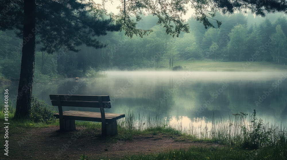 Obraz premium Misty lake morning bench tranquility nature peace