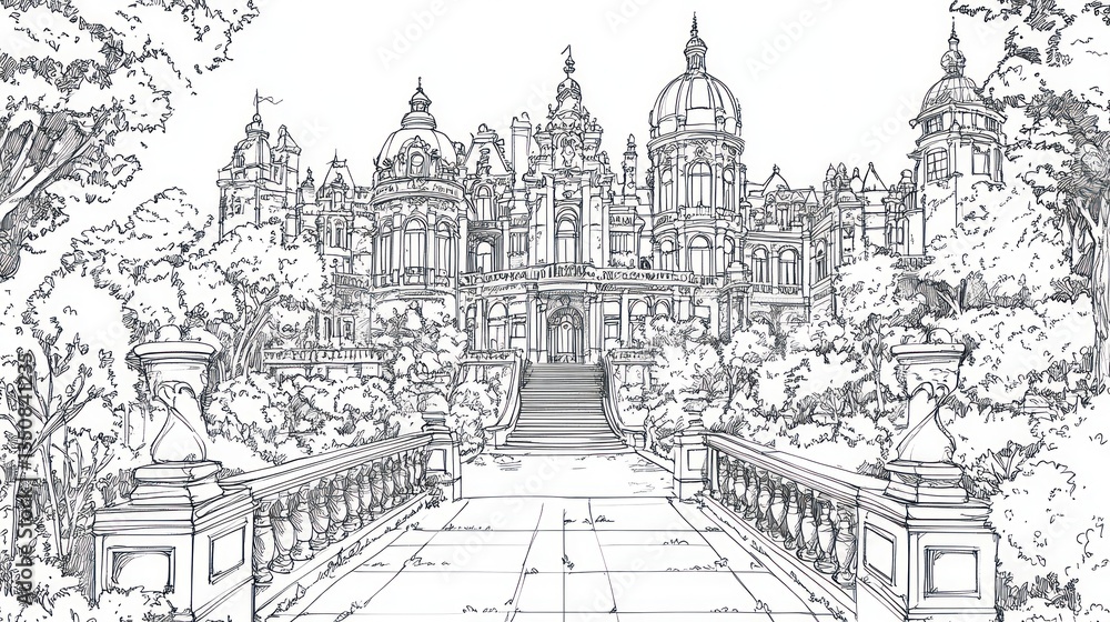 Fototapeta premium Detailed sketch of a grand castle, with a bridge and garden. Possible use Architectural design reference, education or art