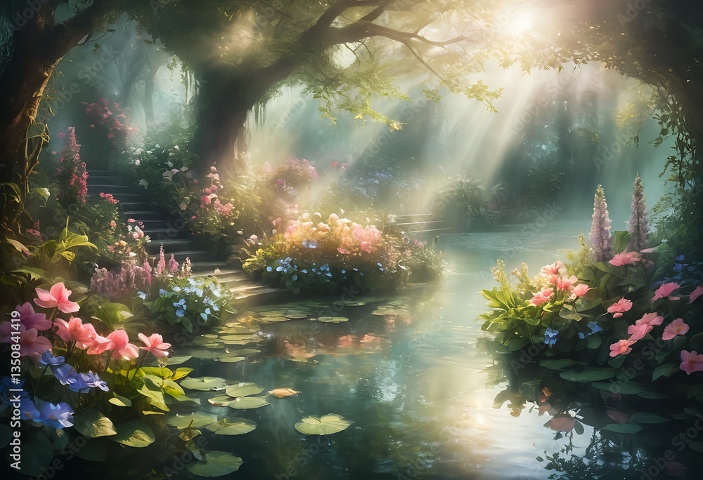 Fototapeta premium Enchanting Sunlit Garden Pond