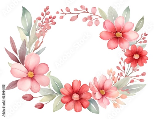 Watercolor Floral Wreath with Pink and Red Flowers