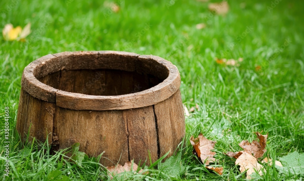Rustic Wooden Barrel Planter Abandoned on Green Grass Surrounded by Colorful Autumn Leaves, Evoking a Cozy Farmhouse Aesthetic in Nature Rustic Wooden Barrel Planter Abandoned on Green Grass Surrounded by Colorful Autumn Leaves, Evoking a Cozy Farmhouse Aesthetic in Nature