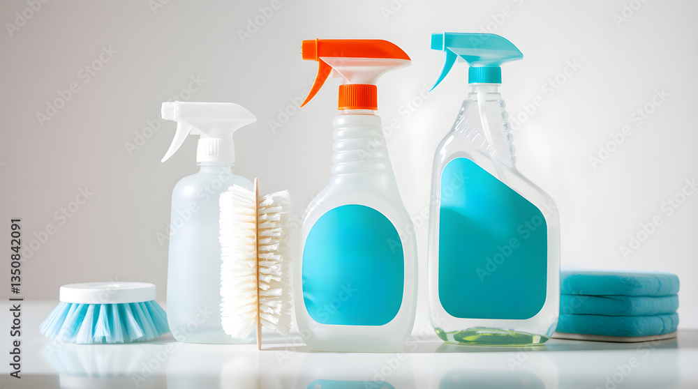 Cleaning products for a sparkling home: spray bottles, brushes, and sponges ready for action Cleaning products for a sparkling home: spray bottles, brushes, and sponges ready for action