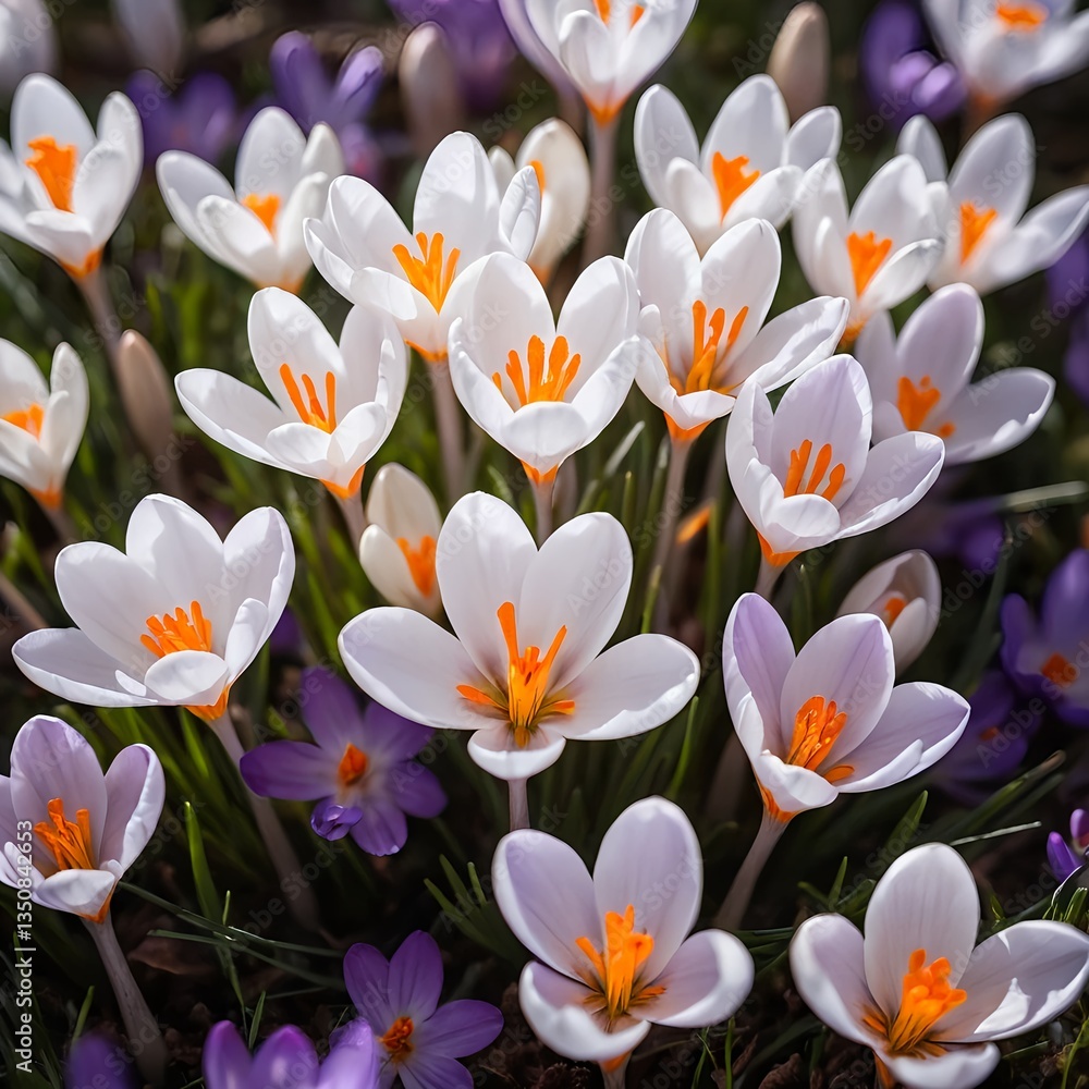 Naklejka premium White and Purple Crocus Flowers in Spring Meadow