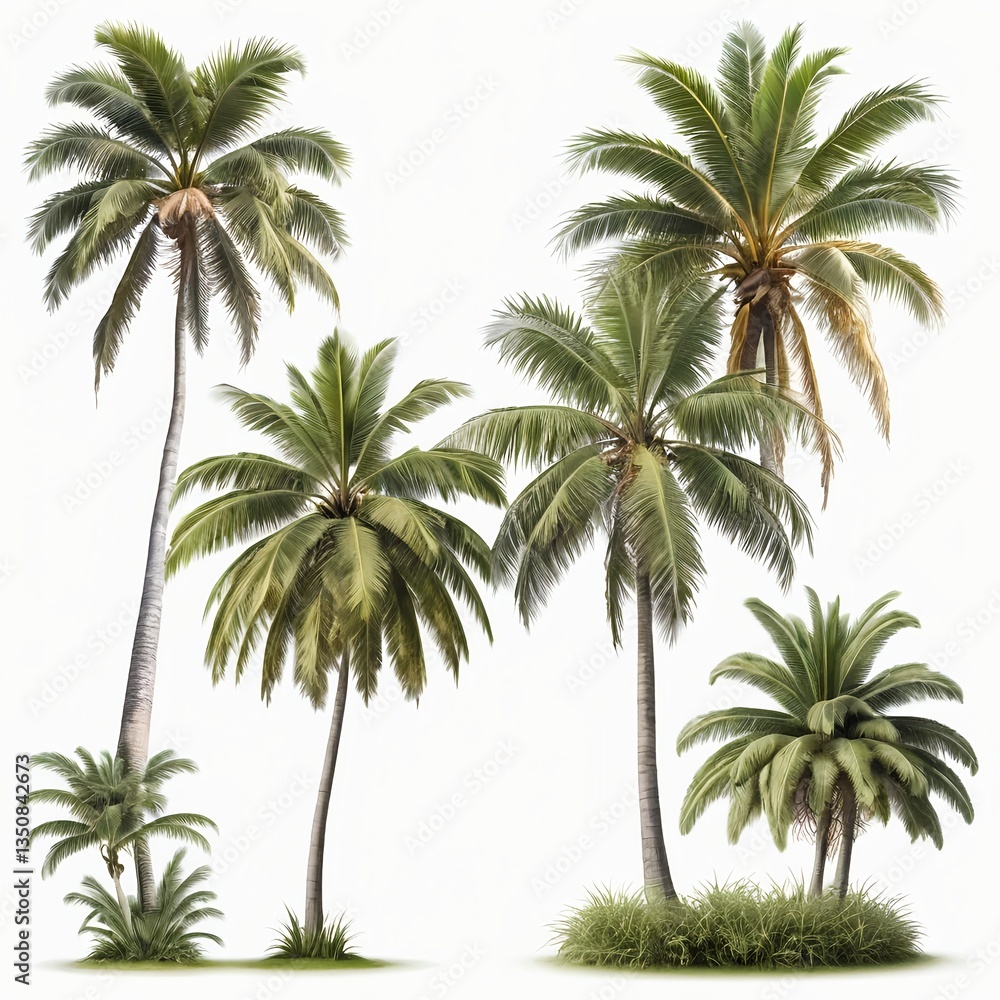 Lush Tropical Palm Trees Isolated on White Background Lush Tropical Palm Trees Isolated on White Background