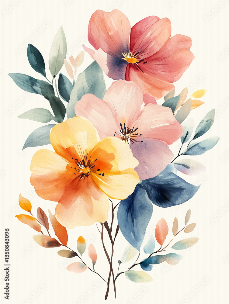 Fototapeta premium Watercolor floral bouquet with soft orange and pink flowers – botanical illustration
