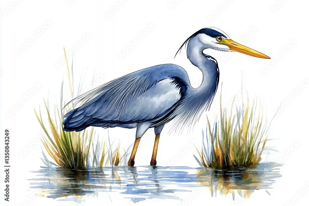 Fototapeta premium Grey Heron in Reeds Watercolor Painting