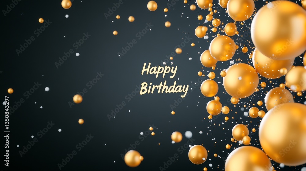 Fototapeta premium Golden spheres celebrate a Happy Birthday with sparkling effect Festive background design