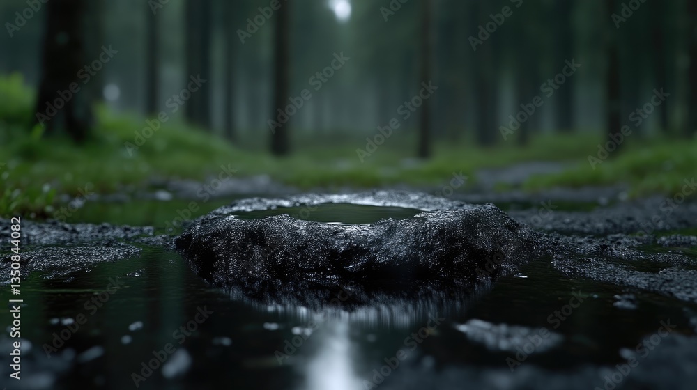 Fototapeta premium Wet stone with a small puddle of water sits on a muddy path in a misty forest during an overcast day.